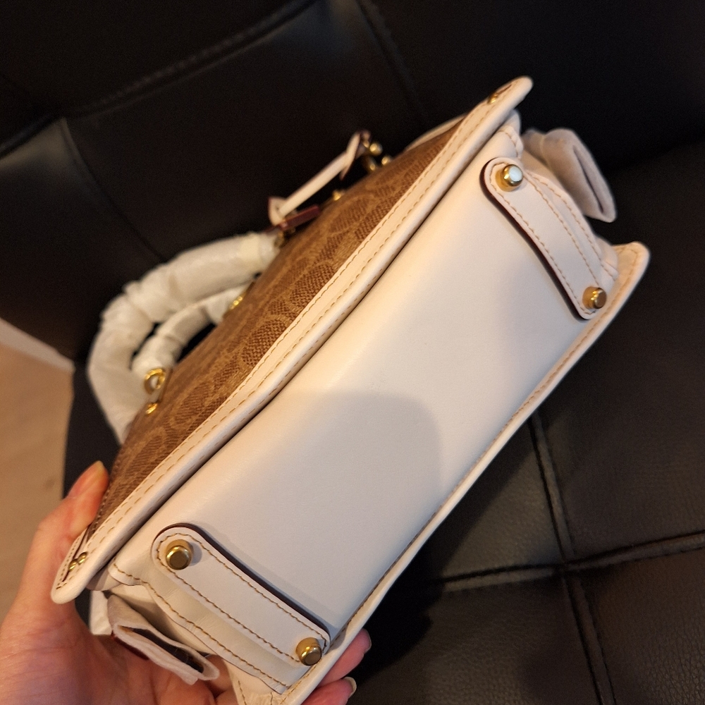 Coach Brown Signature Canvas Satchel with Cream Trim and Gold Hardware - Picture 6 of 11